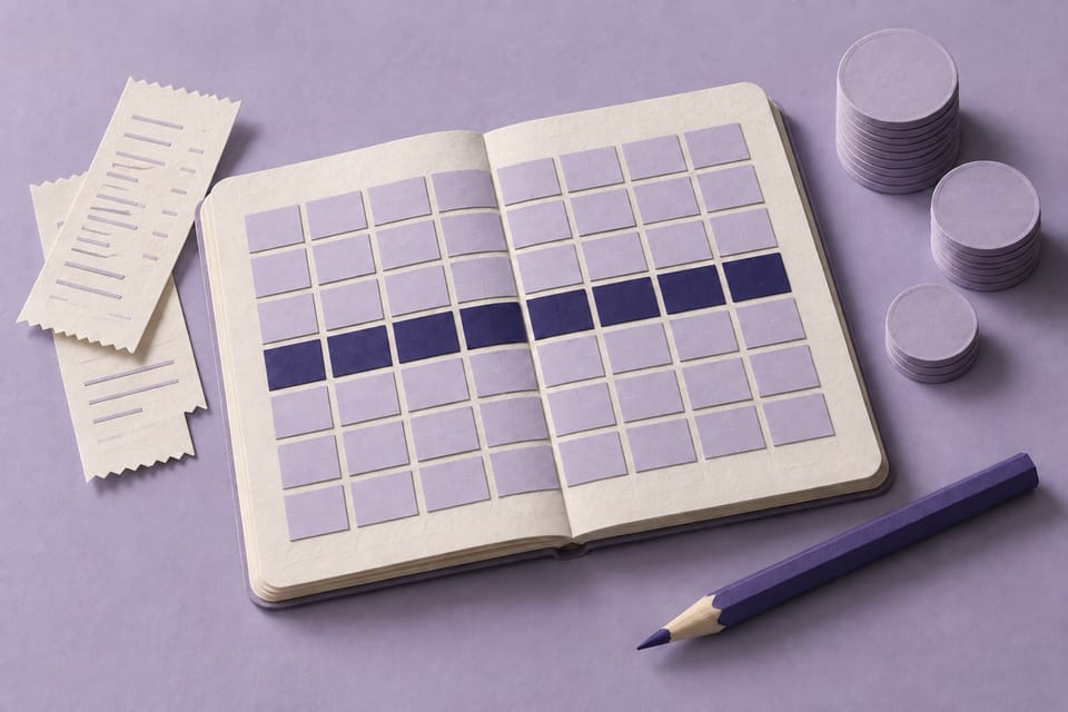 Un cahier quadrillé et des jetons pour organiser un budget.