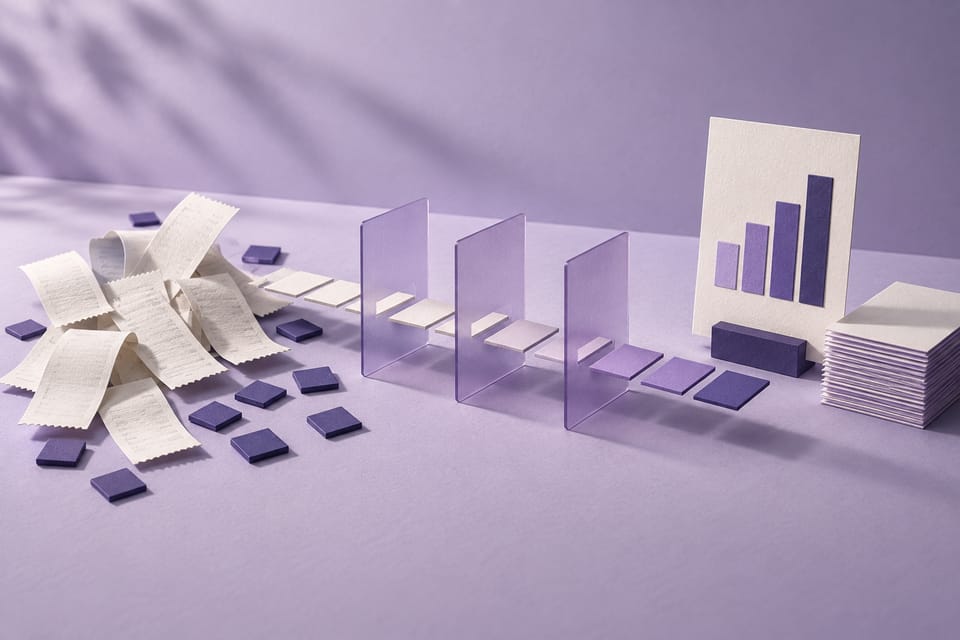 Illustration en papier : des données éparses traversent des étapes de préparation et deviennent un rapport organisé.
