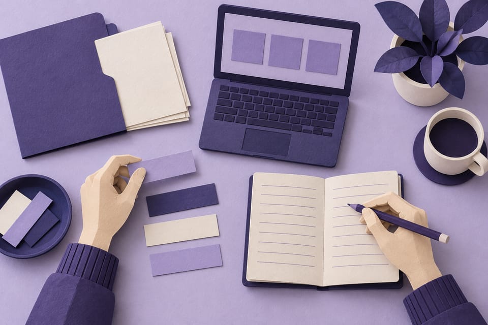 Illustration en papier d’un atelier : une personne prend des notes et organise des données à côté de son ordinateur.